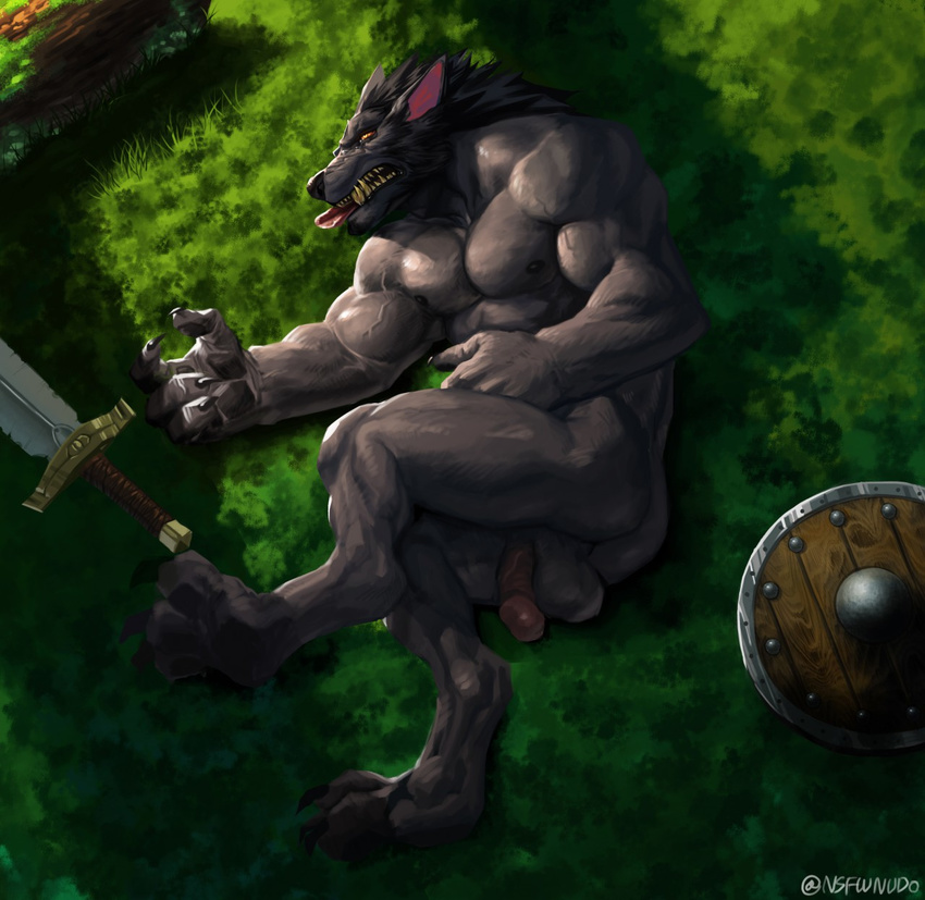2017 3_toes 5_fingers abs anthro armor balls barefoot biceps big_hands big_muscles black_claws black_fur burntricegoblin butt canine claws digital_media_(artwork) digitigrade fangs flaccid fur grass helmet hi_res humanoid_penis lying male mammal melee_weapon muscular muscular_male nipples nude on_side open_mouth orange_eyes outside pecs penis sharp_teeth solo sword tears teeth toes tongue tongue_out vein video_games warcraft weapon were werewolf worgen yellow_teeth