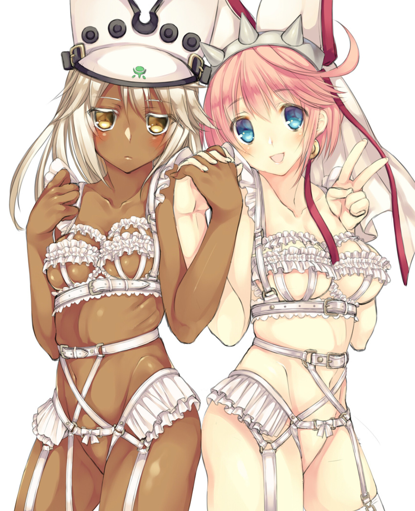 :d alternate_costume bangs bare_shoulders belt belt_buckle black_belt blue_eyes blush bow breast_suppress breasts bridal_veil buckle cleavage closed_mouth collarbone colored_eyelashes commentary_request constricted_pupils cowboy_shot dark_skin elphelt_valentine eyebrows eyebrows_visible_through_hair eyelashes eyes_visible_through_hair fingernails frills garter_belt garter_straps grey_hairband groin guilty_gear guilty_gear_xrd hair_between_eyes hairband hands_up hat hat_belt highres himegi_you holding_hands interlocked_fingers jitome lingerie lips long_hair looking_at_viewer medium_breasts midriff multiple_girls navel no_pussy o-ring o-ring_legwear open_mouth palms pink_hair pink_lips ramlethal_valentine ribs shiny shiny_skin short_hair siblings sidelocks sisters skindentation small_breasts smile spiked_hairband spikes standing stomach symmetry tareme thighhighs too_many too_many_frills underboob underwear v veil white_belt white_bow white_hair white_hat white_legwear yellow_eyes