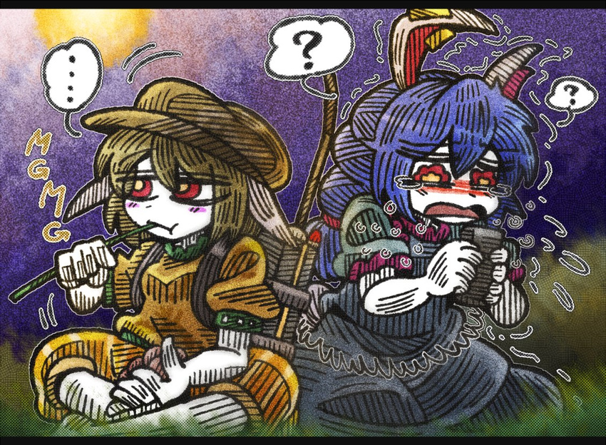 2girls ? animal_ears blonde_hair blue_dress blue_hair blush blush_stickers brown_hat bunny_ears bunny_girl crying crying_with_eyes_open dango dress ear_clip eating expressionless flat_cap flying_sweatdrops food hair_between_eyes hat kneeling line_shading mg_mg multiple_girls nose_blush orange_shirt orange_shorts puffy_short_sleeves puffy_sleeves radio ringo_(touhou) seiran_(touhou) shirt short_hair short_sleeves shorts sitting spoken_ellipsis spoken_question_mark striped striped_shorts suenari_(peace) tears touhou trembling wagashi wavy_eyes white_skin