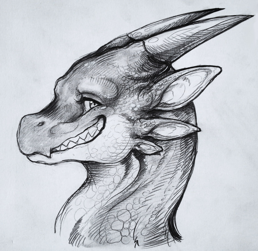 ambiguous_gender dragon grin headshot_portrait hi_res horn looking_at_viewer monochrome multi_ear portrait scalie sharp_teeth shon2 side_view simple_background smile solo tavix teeth traditional_media_(artwork) white_background