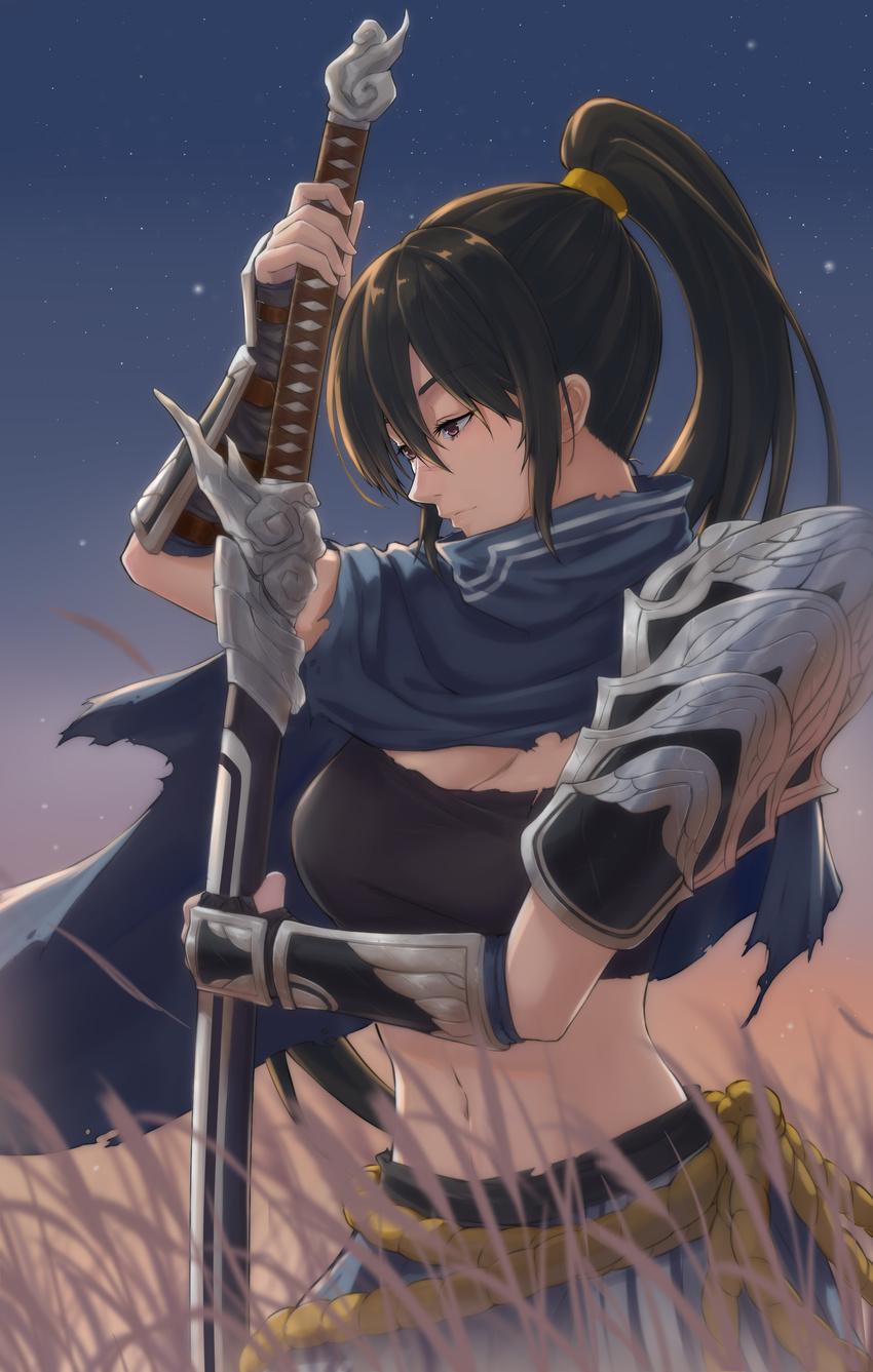 1girl absurdres black_hair breasts cape cleavage genderswap grass highres league_of_legends midriff navel night ponytail shiko_(pixiv3834224) solo sword weapon yasuo_(league_of_legends)