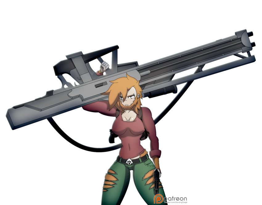 2017 anthro apex apex_(starbound) belt breasts clothed clothing digital_media_(artwork) female fur gun hair handgun hi_res holding_object holding_weapon holster humanoid looking_at_viewer mammal patreon piercing pistol primate ranged_weapon simple_background solo standing standing_tough starbound thick_thighs video_games weapon