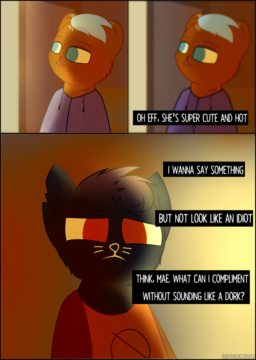 ambiguous_gender bear blue_eyes bombshell_(nitw) cat clothed clothing comic dialogue duo dyed_fur english_text feline fully_clothed hair hi_res jacket mae_(nitw) mammal night_in_the_woods piercing red_eyes sitting sleufoot speech_bubble text