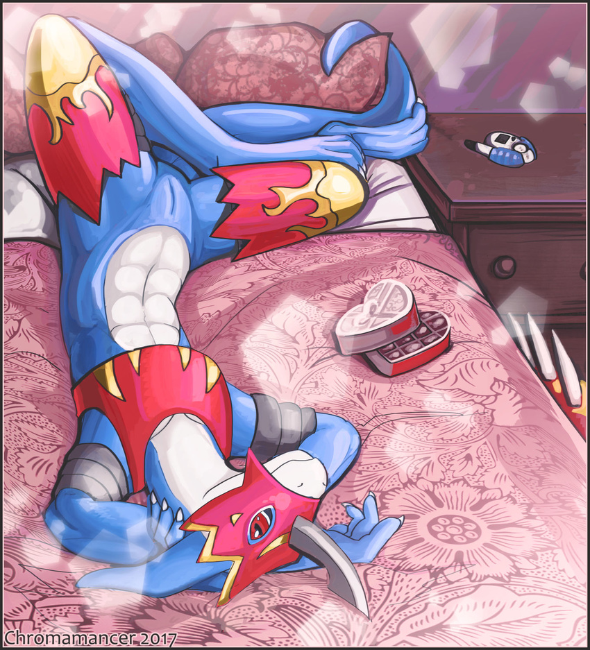 animal_genitalia anthro bed chromamancer digimon digital_media_(artwork) flamedramon genital_slit hands_behind_head hi_res looking_at_viewer lying male male_focus scalie slit solo