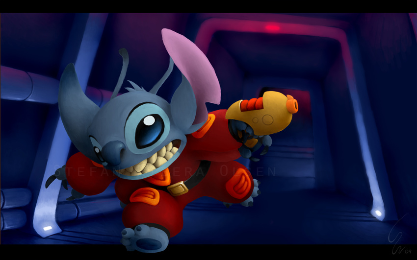 16:10 2009 4_arms 4_toes alien antennae belt blue_claws blue_eyes blue_fur blue_nose claws clenched_teeth digital_media_(artwork) dipstick_antennae disney experiment_(species) fur hallway head_tuft hi_res holding_object holding_weapon letterbox lilo_and_stitch multi_arm multi_limb notched_ear plasma_rifle ribera running solo spacesuit stitch teeth toes tuft wallpaper watermark weapon