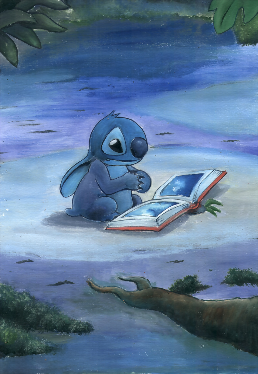 2012 absurd_res alien black_eyes blue_claws blue_fur blue_nose book claws disney ears_down experiment_(species) fur grim1978 hands_together head_tuft hi_res lilo_and_stitch lost outside painting_(artwork) sitting small_tail solo stitch traditional_media_(artwork) tree_root worried