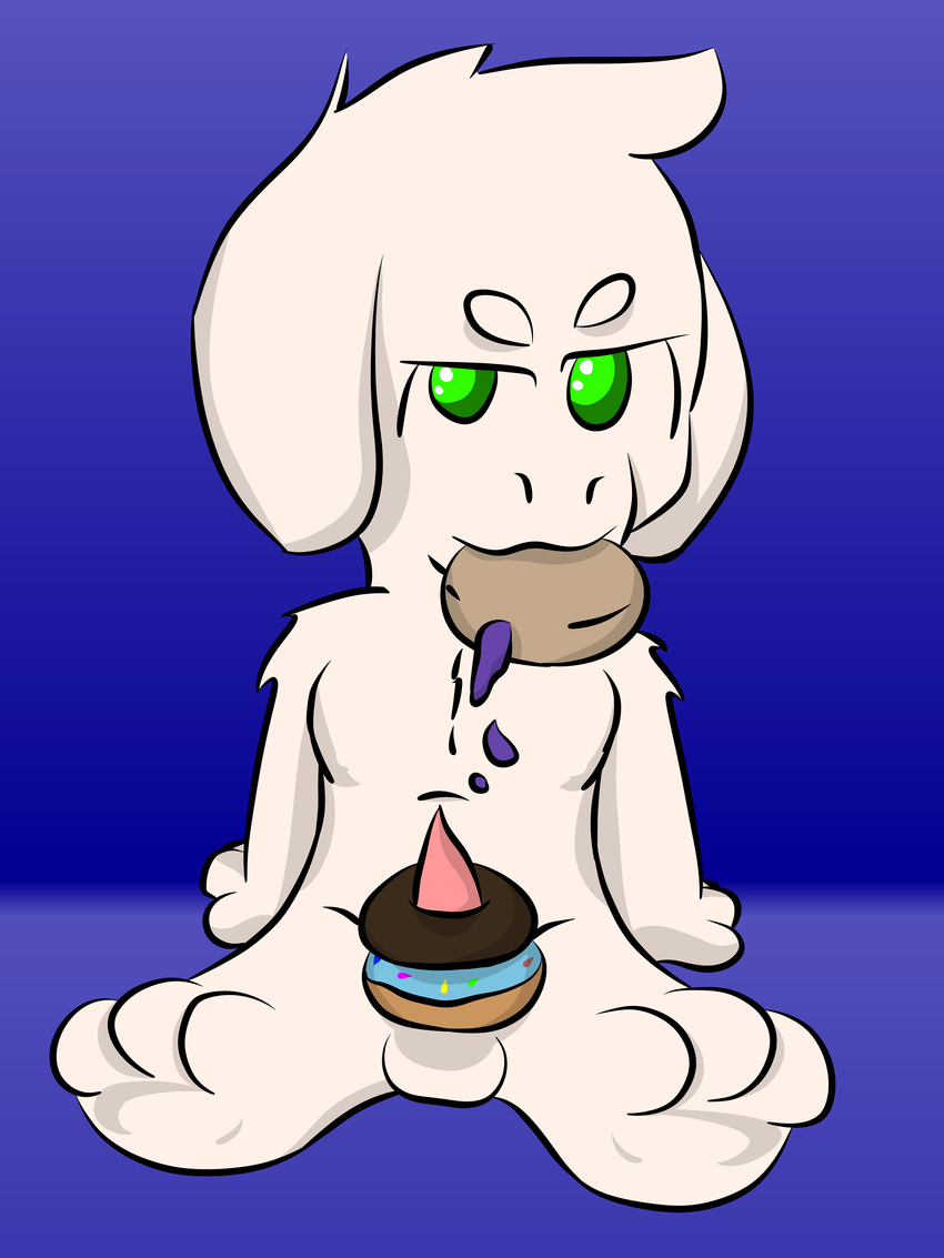 3_toes animal_genitalia animal_penis asriel_dreemurr balls boss_monster doughnut dripping food food_in_mouth fur green_eyes jelly leaning leaning_back male male_focus penis simple_background solo spread_legs spreading tan_fur toes undertale video_games young