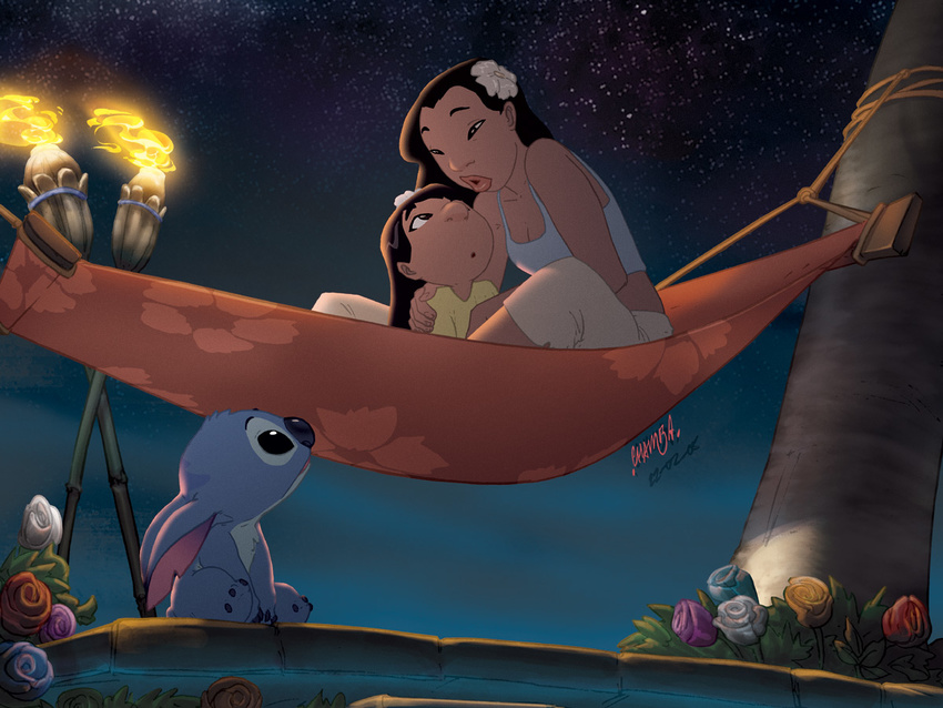 2008 4:3 alien black_eyes black_hair blue_claws blue_fur blue_nose chest_tuft claws clothed clothing detailed_background digital_drawing_(artwork) digital_media_(artwork) disney experiment_(species) fire flower fur group hair hammock head_tuft hibiscus human lilo_and_stitch lilo_pelekai long_hair looking_up mammal nani_pelekai night notched_ear outside palm_tree plant signature sitting sky stitch thechamba tiki_torch tree tuft tulip_(flower)