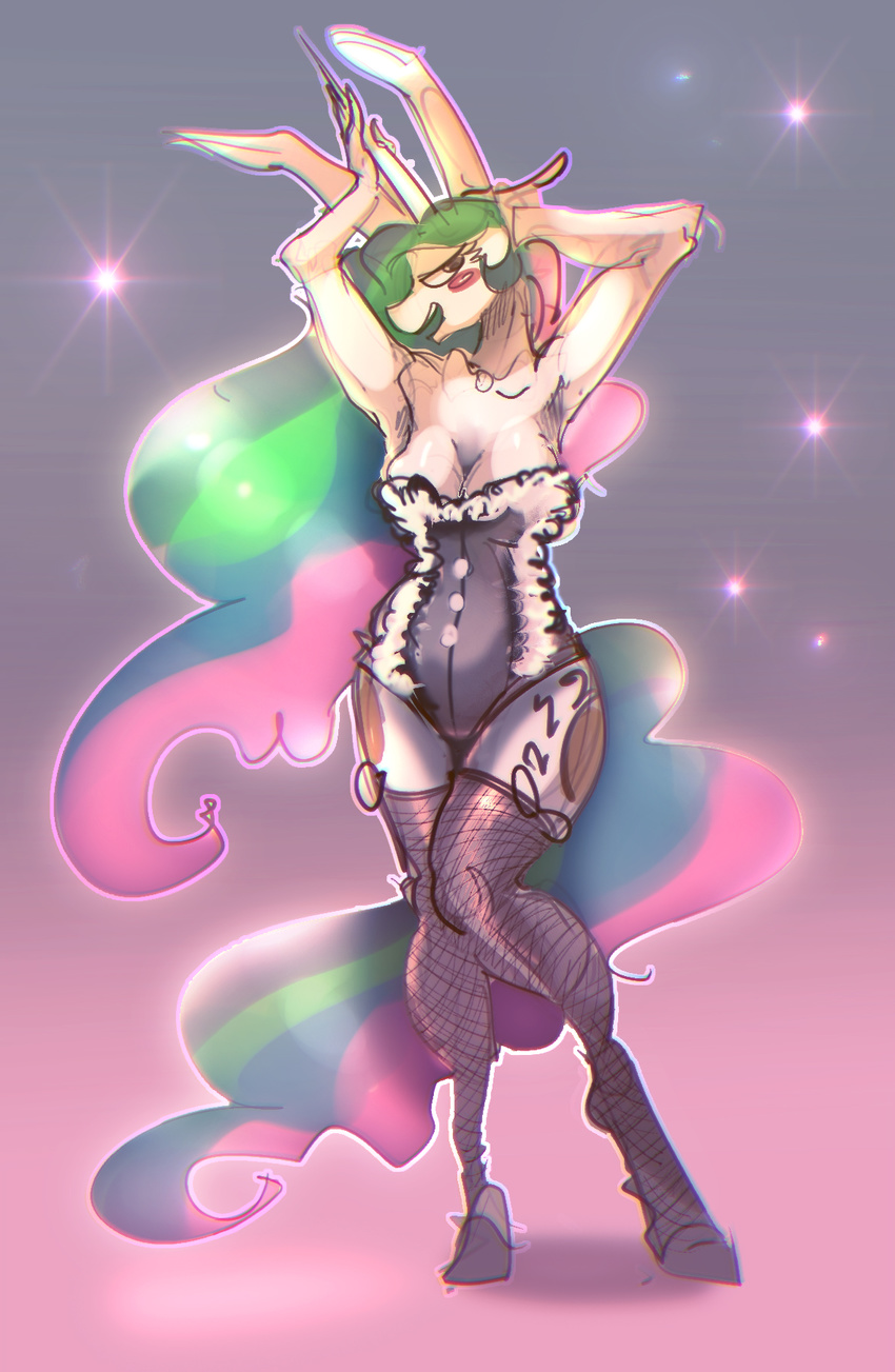 2017 alumx anthro anthrofied blush breasts bunny_costume cleavage clothed clothing costume cutie_mark digital_drawing_(artwork) digital_media_(artwork) equine fake_ears fake_rabbit_ears female fishnet friendship_is_magic full-length_portrait hair hi_res horn legwear leotard looking_at_viewer mammal multicolored_hair my_little_pony open_mouth open_smile portrait princess_celestia_(mlp) simple_background smile solo standing stockings winged_unicorn wings