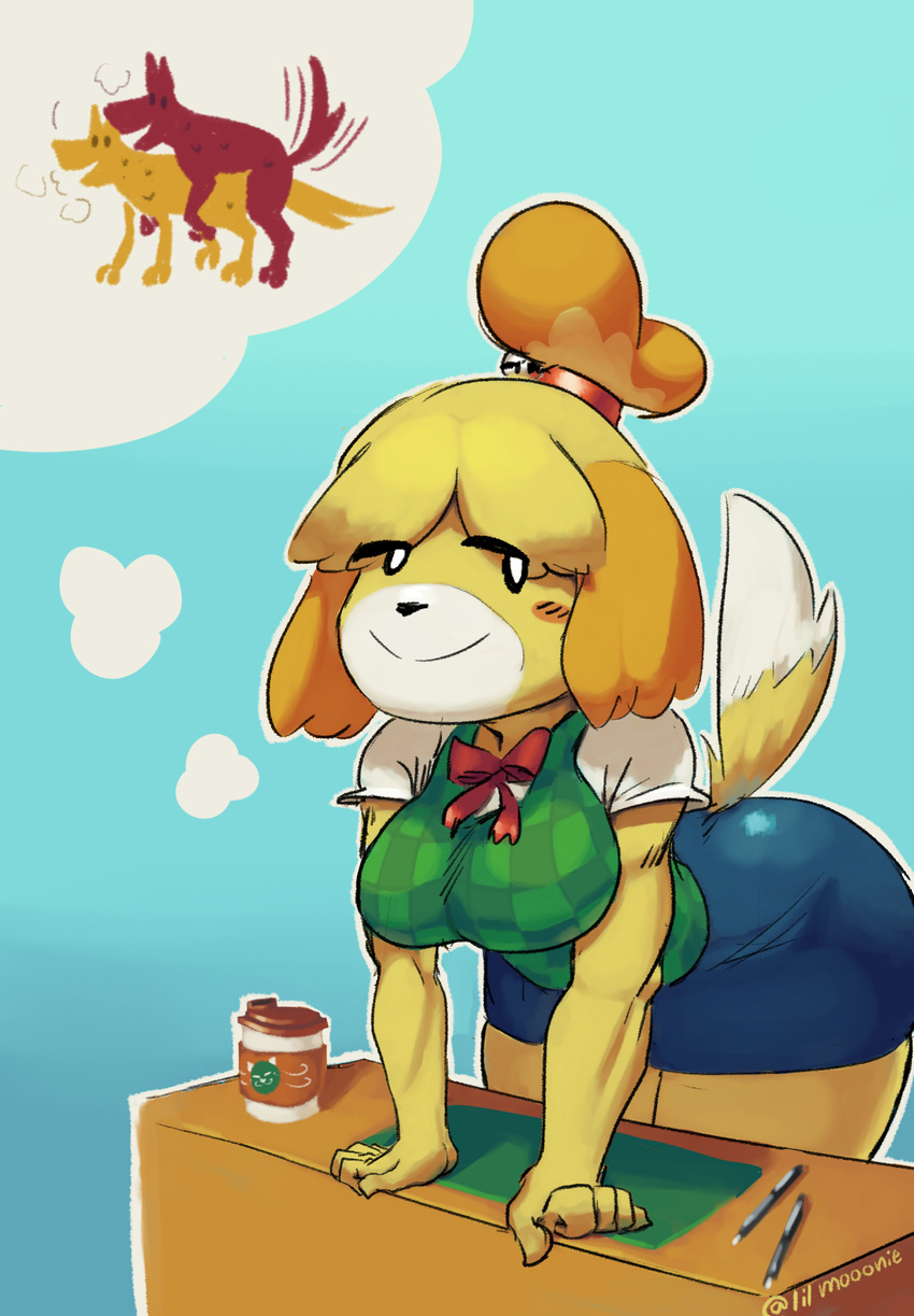 2017 5_fingers animal_crossing anthro beverage big_breasts blush breasts butt canine clothing coffee daydream digital_media_(artwork) dog dot_eyes female fur hands_on_desk horny_(disambiguation) imagination isabelle_(animal_crossing) lilmoonie looking_at_viewer mammal nintendo raised_tail shirt skirt smile solo suggestive sweater tailwag video_games yellow_fur