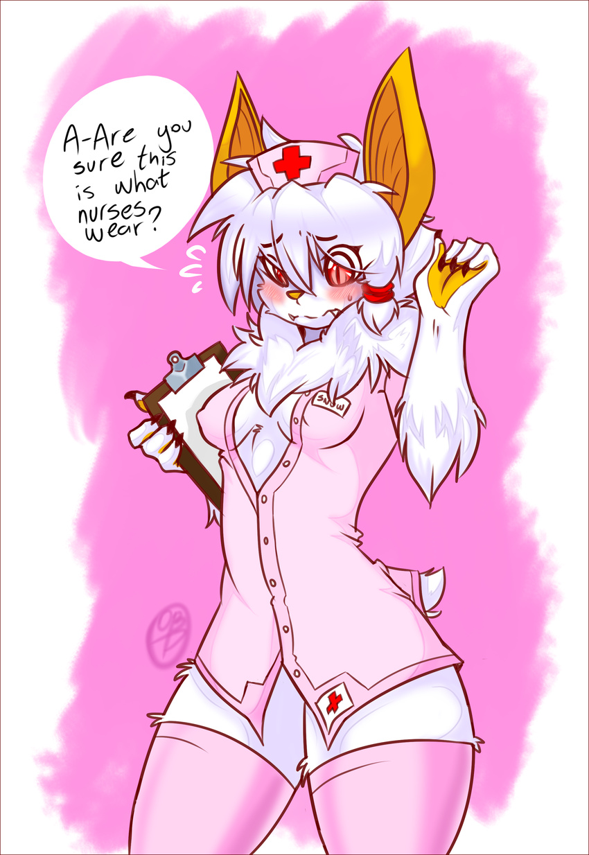+ 2016 4_fingers absurd_res anthro bat blush breasts claws clipboard clothing cute embarrassed english_text eyelashes female fur hair hi_res legwear looking_down mammal nipple_bulge nurse nurse_uniform oneboredpotato paper question red_eyes simple_background small_breasts solo speech_bubble standing sweat teeth text thigh_highs uniform white_fur white_hair yellow_nose
