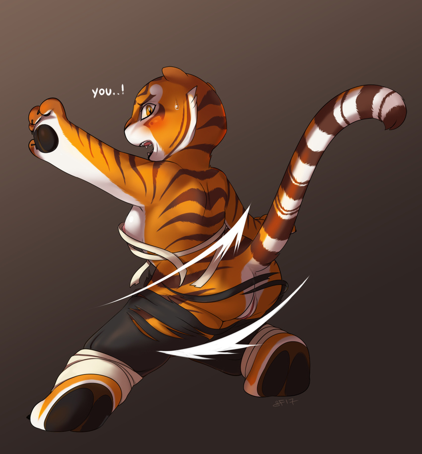 2017 anthro blush breasts butt butt_shot claws clothing feline female fur grey_background hi_res kung_fu_panda looking_back mammal master_tigress nipples orange_eyes pawpads pussy rear_view simple_background slimefur striped_fur stripes sweat text tiger toe_claws torn_clothing wardrobe_malfunction