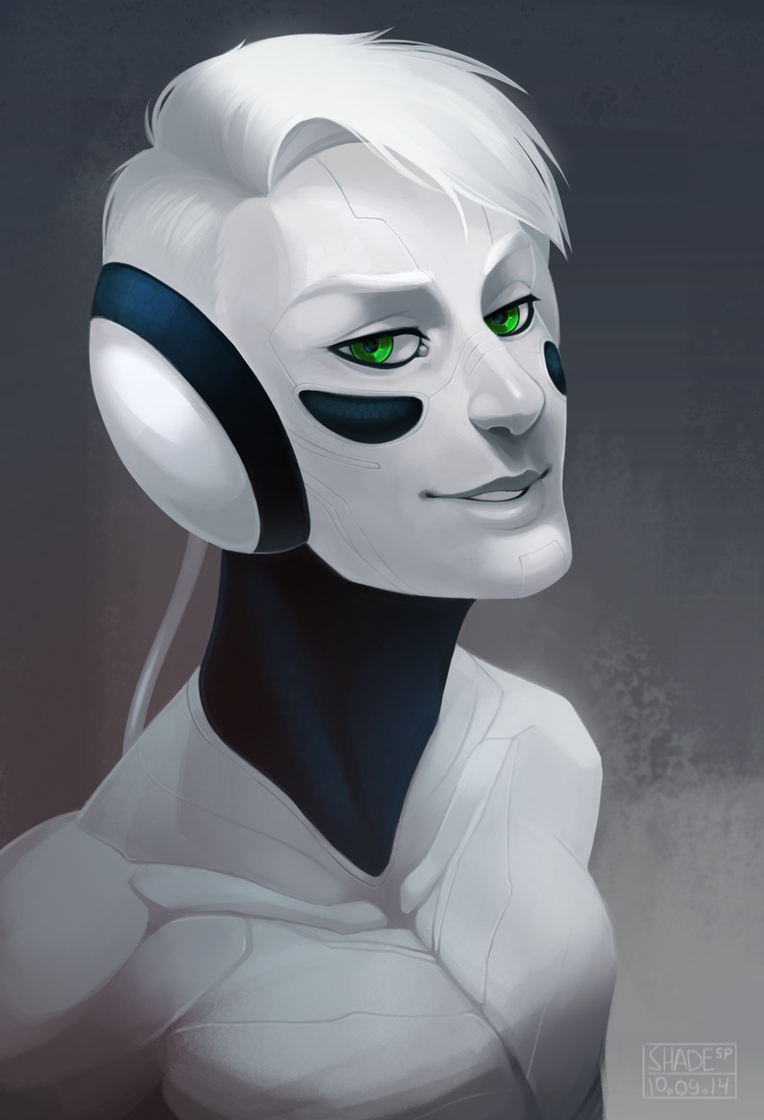 2014 android bedroom_eyes close-up cybernetics digital_media_(artwork) eyelashes green_eyes grey_background grin hair half-closed_eyes hi_res humanoid lips looking_at_viewer mac machine male not_furry robot seductive shade-shypervert simple_background smile solo teeth white_hair