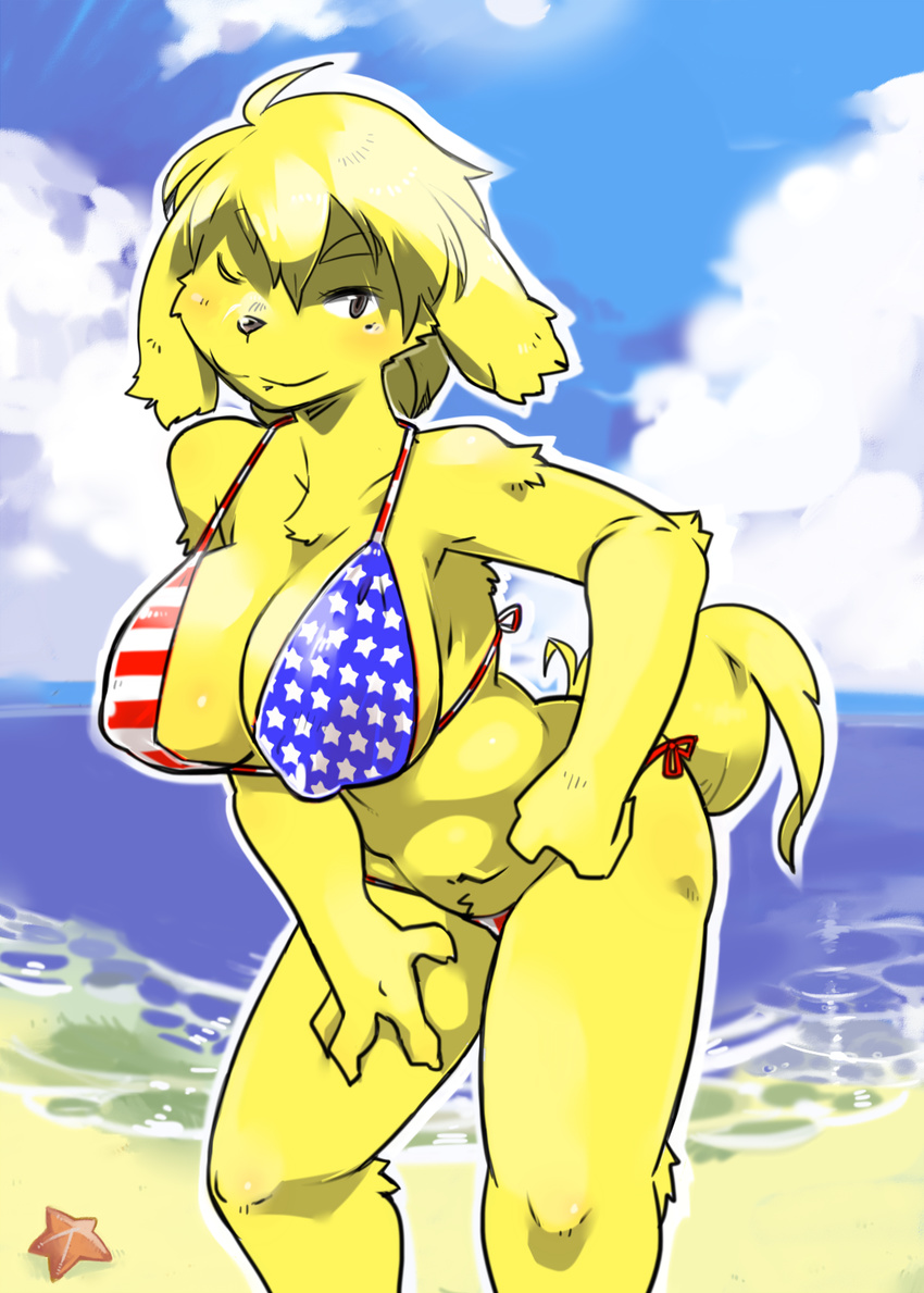 2017 ahoge anthro beach big_breasts bikini blonde_hair breasts canine cleavage clothed clothing female fur hair hi_res kemono konopizaga!! leaning leaning_forward looking_at_viewer mammal nipple_bulge one_eye_closed outside portrait seaside short_hair smile solo standing stars_and_stripes swimsuit three-quarter_portrait united_states_of_america yellow_fur