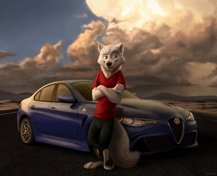 2017 3_toes 4_fingers alfa_romeo alfa_romeo_giulia anthro better_version_at_source canine car clothed clothing crossed_arms crossed_legs detailed digital_media_(artwork) fox fur grainy looking_aside male mammal pawpads paws road signature smile solo temiree toes v-neck vehicle white_fur