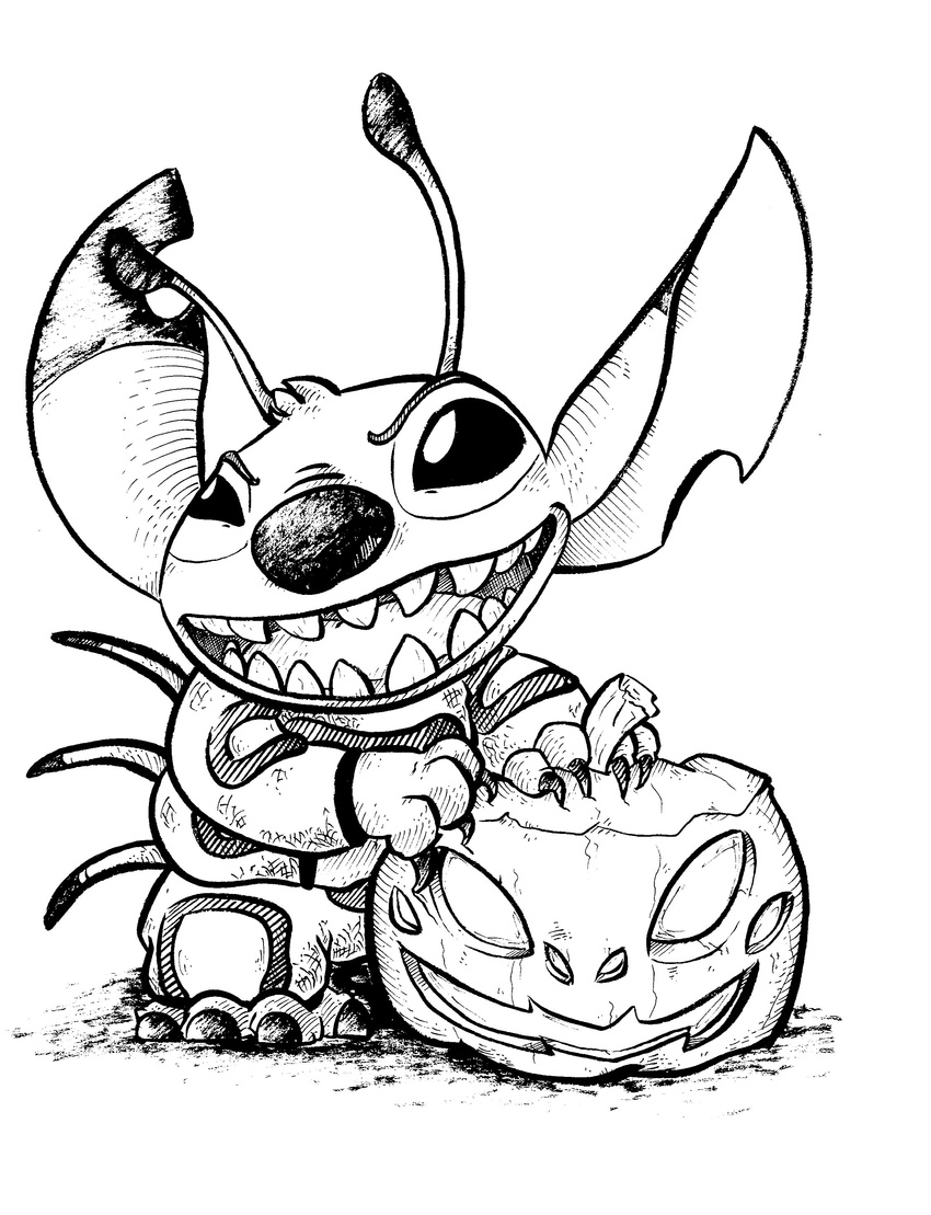 &gt;:d 2017 4_arms 4_fingers 4_toes absurd_res alien antennae back_spines black_and_white claws dipstick_antennae disney experiment_(species) halloween head_tuft hi_res holidays jack-o'-lantern leniproduction lilo_and_stitch monochrome multi_arm multi_limb notched_ear open_mouth open_smile simple_background smile solo spacesuit stitch toes traditional_media_(artwork) tuft white_background