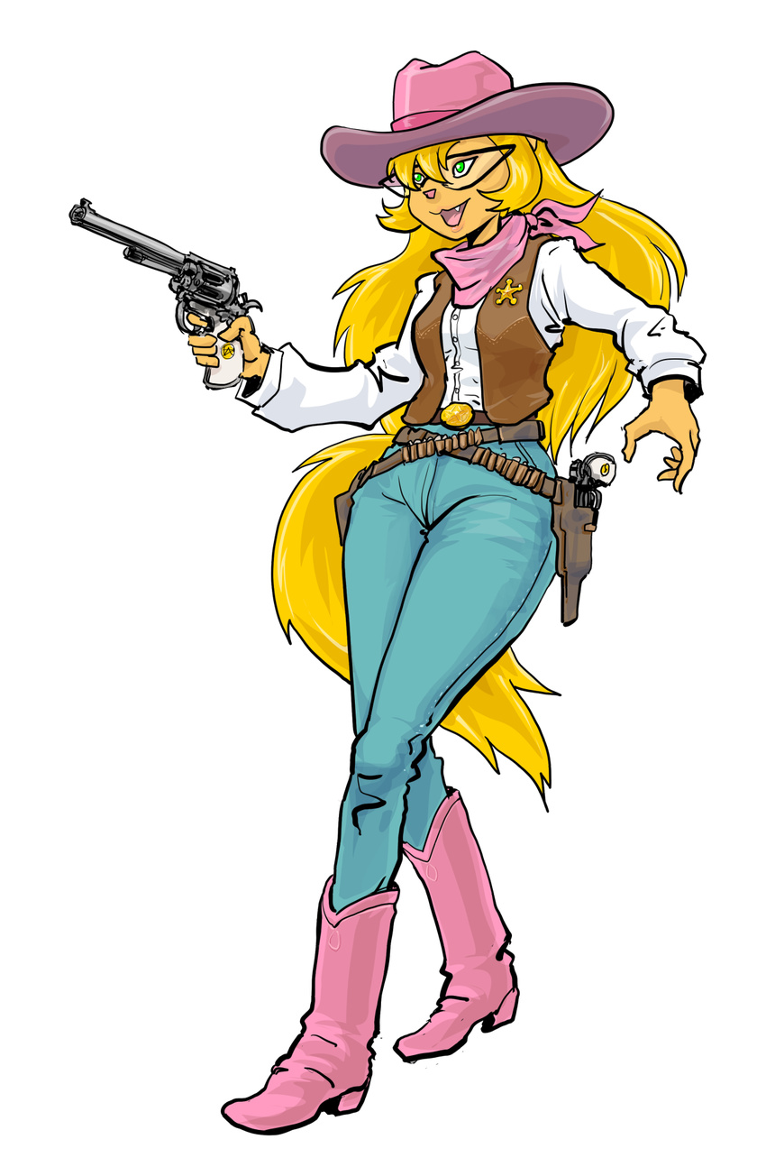 2017 5_fingers alpha_channel alternate_costume anthro bandanna belt bishopbb blonde_hair boots breasts callie_briggs cat clothing cosplay cowboy_hat digital_media_(artwork) eyewear fangs feline female footwear fur glasses green_eyes gun hair handgun hat hi_res jeans long_tail mammal open_mouth pants ranged_weapon revolver sheriff sheriff_callie sheriff_callies_wild_west simple_background solo standing swat_kats tan_fur transparent_background vest weapon