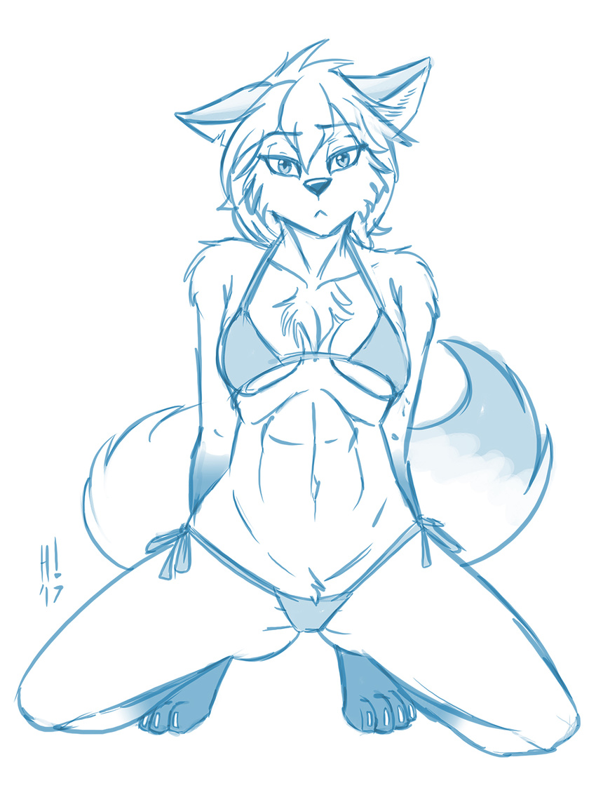 2017 anthro bikini breasts canine chest_tuft cleavage clothed clothing clovis_(twokinds) female fox fur gloves_(marking) hair heresy_(artist) hi_res hybrid keidran looking_at_viewer mammal markings monochrome navel notched_ear pubes sketch skimpy socks_(marking) swimsuit tuft twokinds white_fur white_hair wolf