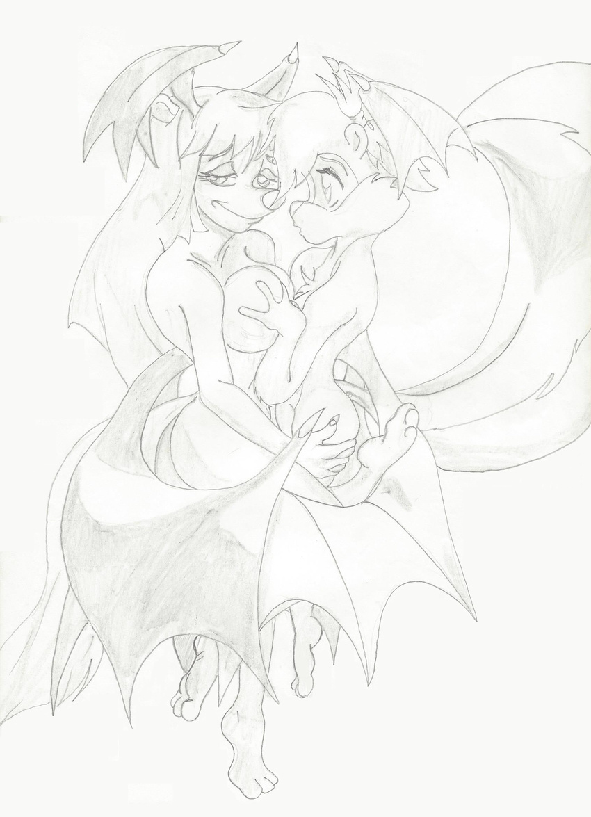 2016 animaniacs anthro breast_grab breasts butt butt_grab chest_tuft cosplay darkstalkers derracias-35 duo female female/female fifi_la_fume hair hand_on_breast hand_on_butt head_wings hi_res long_hair membranous_wings minerva_mink monochrome size_difference smile smirk tiny_toon_adventures tuft video_games warner_brothers wings