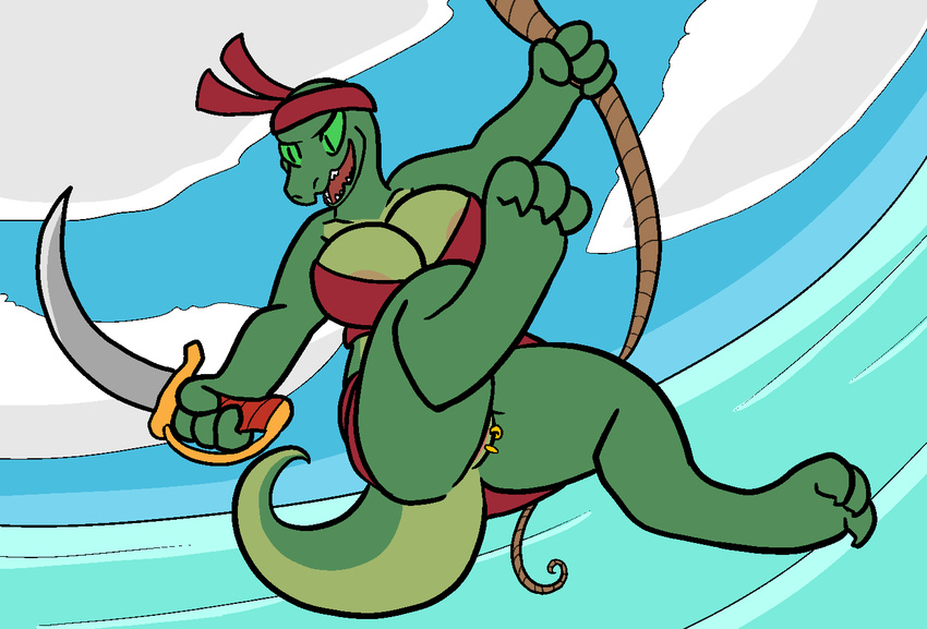 2017 aliasing anthro big_breasts bottomless breasts cleavage clothed clothing cloud digital_drawing_(artwork) digital_media_(artwork) female genital_piercing green_sclera headband holding_object holding_weapon huge_breasts lizard lizardfolk melee_weapon midriff open_mouth outside piercing pirate pussy pussy_piercing reptile rope scalie sea simple_background skirt sky smile solo swinging sword trout_(artist) tube_top water weapon