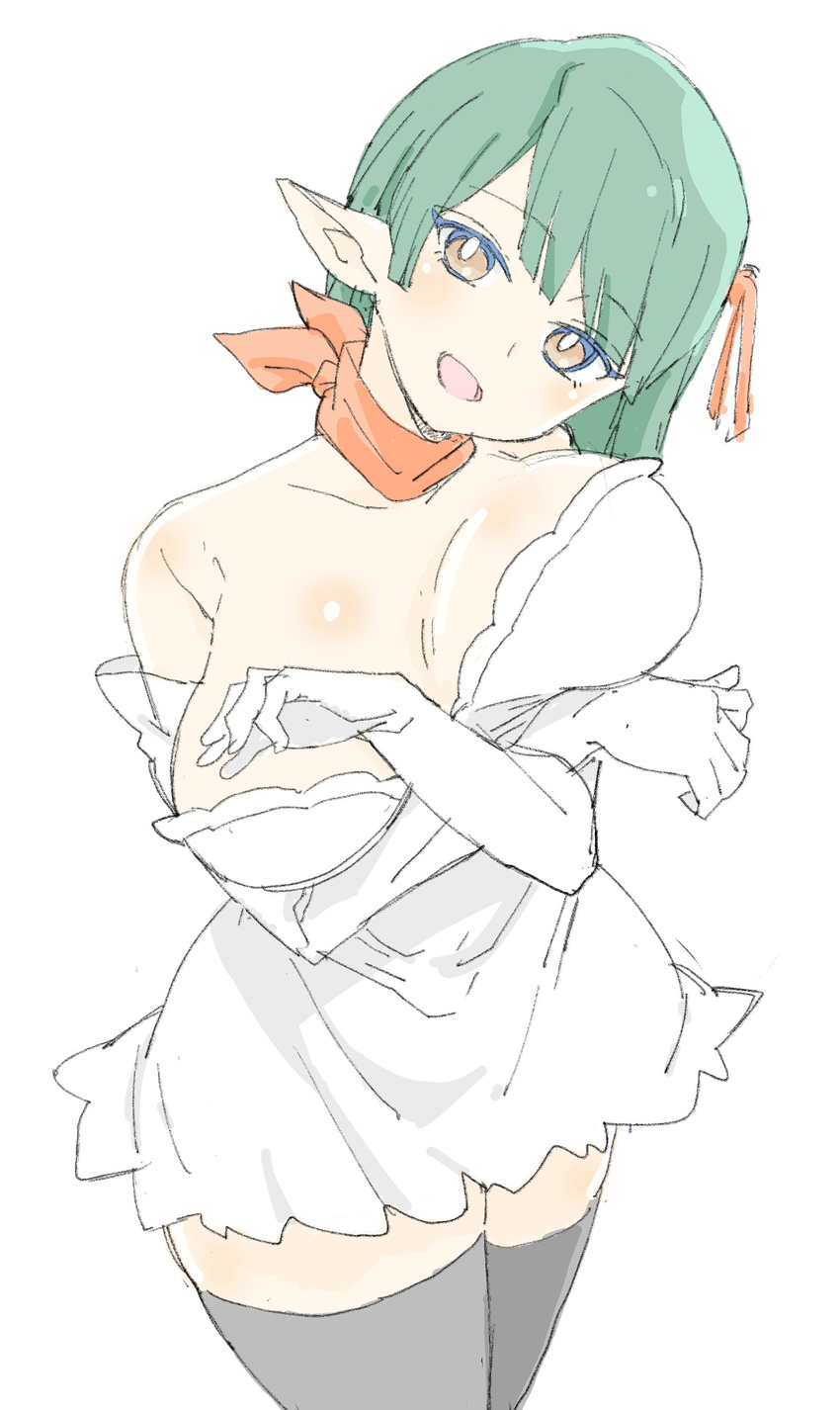:d absurdres bangs bare_shoulders between_breasts black_legwear blunt_bangs breasts bright_pupils brown_eyes crossed_arms donguri_suzume dress elbow_gloves eyebrows_visible_through_hair gloves green_hair hair_ribbon hand_between_breasts head_tilt highres large_breasts long_hair looking_at_viewer open_mouth orange_ribbon pointy_ears ribbon simple_background smile solo standing thighhighs white_background white_dress white_gloves zettai_ryouiki