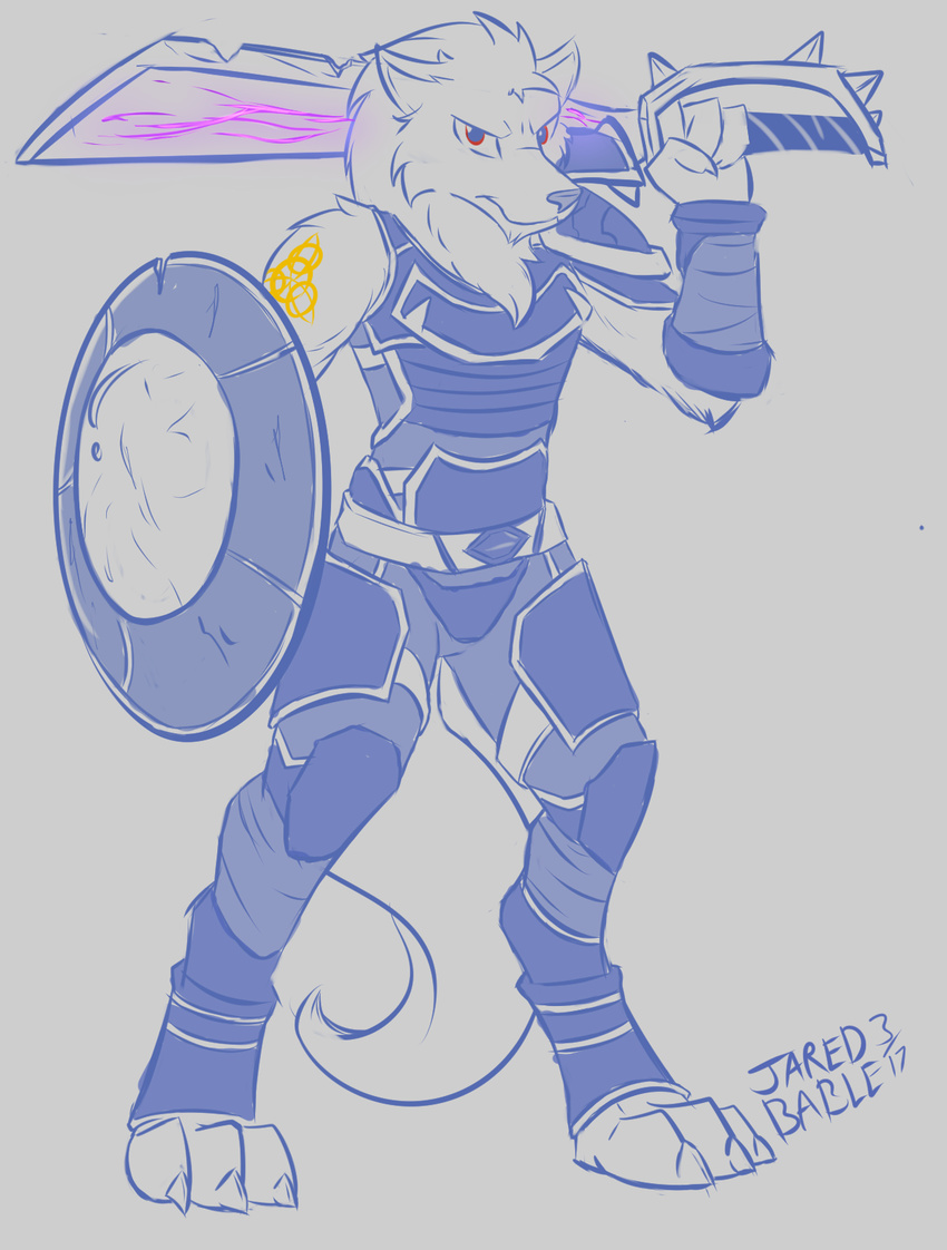 2017 3_toes armor canine clothed clothing digital_media_(artwork) digitigrade fur hi_res holding_object holding_weapon infinitedge2u looking_at_viewer mammal melee_weapon red_eyes shield sword toes weapon white_fur wolf