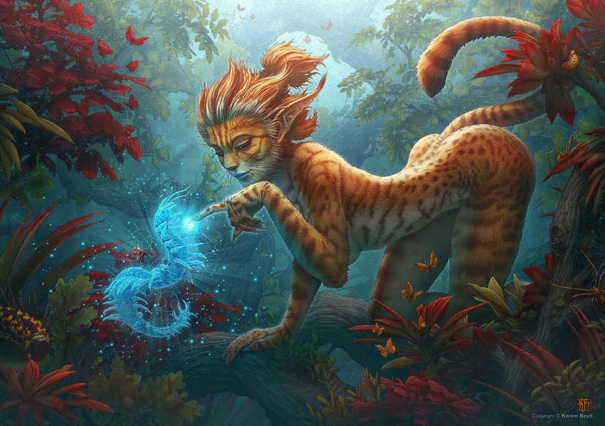 ambiguous_gender animal_humanoid anthro arthropod breasts cat cat_humanoid centipede detailed_background digital_media_(artwork) duo feline female forest hair hi_res humanoid insect kerem_beyit kerembeyit kneeling long_ears mammal nude poking red_hair smile solo_focus spirit tree whiskers wilderness