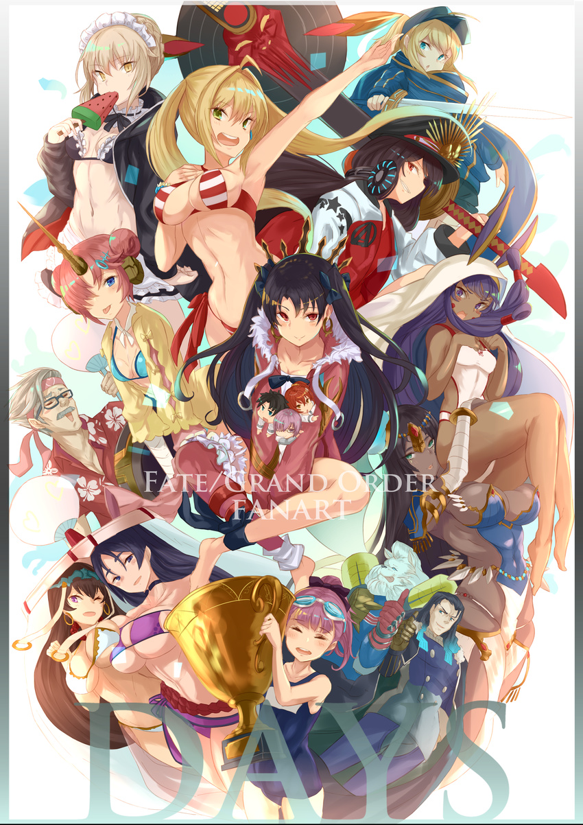 6+girls :d :o ;d ^_^ absurdres ahoge animal_ears aqua_bikini aqua_hair arm_up armpits artoria_pendragon_(all) artoria_pendragon_(swimsuit_rider_alter) bangs bare_legs bare_shoulders barefoot baseball_cap bikini black-framed_eyewear black_bikini black_bow black_hair blonde_hair blue_eyes blue_hair blue_scarf blue_swimsuit blush bow braid breasts brown_hair cardigan chibi circlet closed_eyes closed_mouth collarbone commentary_request copyright_name cover cover_page criss-cross_halter d: dark_skin double_bun doujin_cover earrings eating egyptian facepaint facial_hair fan fate/grand_order fate_(series) floral_print food forehead frankenstein's_monster_(fate) frankenstein's_monster_(swimsuit_saber)_(fate) french_braid frilled_bikini frills fujimaru_ritsuka_(female) fujimaru_ritsuka_(male) fur_trim glasses goggles goggles_on_head gradient_hair green_eyes grey_hair hair_between_eyes hair_bow hair_bun hair_intakes hair_ornament hair_over_one_eye hair_scrunchie hair_tubes halter_top halterneck hand_on_own_chest hands_on_own_chest hands_up hat hawaiian_shirt headband headphones headphones_around_neck helena_blavatsky_(swimsuit_archer)_(fate) highres holding holding_fan holding_food holding_instrument holding_sword holding_weapon hood hoodie hoop_earrings indian_style instrument ishtar_(swimsuit_rider)_(fate) jackal_ears jacket james_moriarty_(fate/grand_order) jewelry large_breasts legs_together letterman_jacket lion long_hair lute_(instrument) maid_bikini maid_headdress mash_kyrielight medium_breasts minamoto_no_raikou_(fate/grand_order) minamoto_no_raikou_(swimsuit_lancer)_(fate) multicolored_hair multiple_boys multiple_girls mustache mysterious_heroine_x navel nero_claudius_(fate)_(all) nero_claudius_(swimsuit_caster)_(fate) nikola_tesla_(fate/grand_order) nitocris_(fate/grand_order) nitocris_(swimsuit_assassin)_(fate) oda_nobunaga_(fate) oda_nobunaga_(swimsuit_berserker)_(fate) one-piece_swimsuit one_eye_closed open_cardigan open_clothes open_hoodie open_mouth outstretched_arm paper_fan parted_bangs peaked_cap pelvic_curtain pink_hair plantar_flexion popsicle purple-framed_eyewear purple_bikini purple_bow purple_eyes purple_hair red_bikini red_eyes red_jacket red_shirt saber_alter scarf scheherazade_(fate/grand_order) school_swimsuit scrunchie shirt side-tie_bikini side_ponytail sidelocks single_thighhigh sitting small_breasts smile striped striped_bikini swimsuit sword thighhighs thomas_edison_(fate/grand_order) thumbs_up track_jacket trophy tsurime twintails two_side_up uchiwa uniform v-shaped_eyebrows veil watermelon_bar weapon white_bikini white_jacket white_swimsuit xuanzang_(fate/grand_order) yatsuka_(846) yellow_eyes
