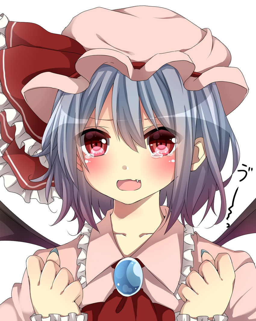 ascot bad_id bad_nicoseiga_id bangs blue_hair blue_nails blush bow clenched_teeth close-up d: dress eyes_visible_through_hair fang frilled_bow frills gem hair_between_eyes hat hat_bow highres long_sleeves looking_at_viewer nail_polish open_mouth pink_dress red_bow red_eyes red_neckwear remilia_scarlet short_hair simple_background solo tearing_up tears teeth touhou uu~ white_background wings yamasuta