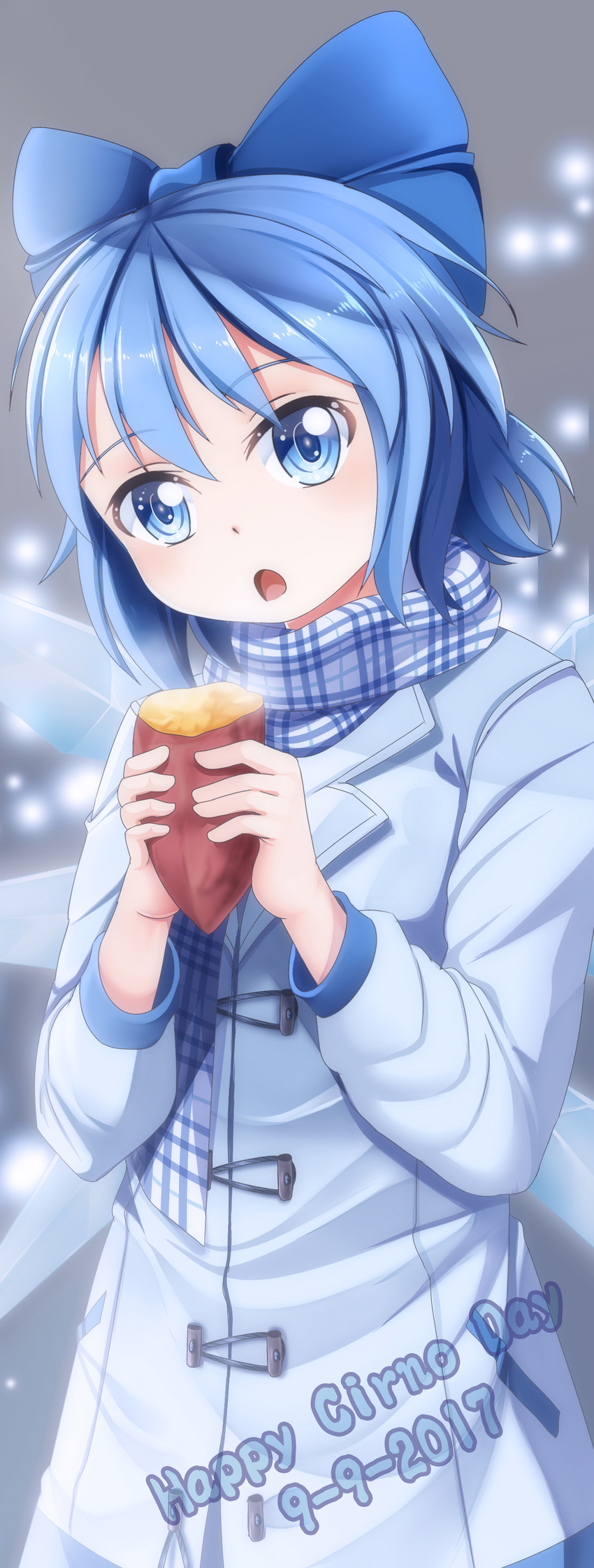 :o absurdres alternate_costume blue_bow blue_eyes blue_hair bow cirno coat commentary_request dated eyebrows_visible_through_hair food hair_bow head_tilt highres long_coat long_image long_sleeves looking_at_viewer plaid plaid_scarf scarf short_hair solo steam sweet_potato tall_image touhou winter_clothes yakiimo yasume_yukito