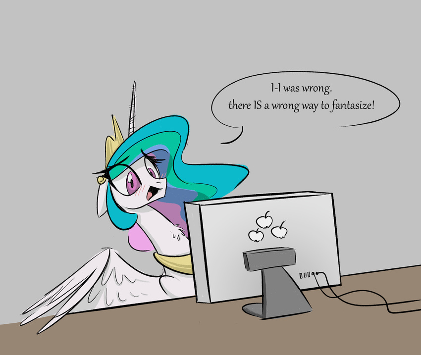 2017 4chan anonymous_artist blush collar computer computer_monitor crown digital_media_(artwork) equine feathered_wings feathers female feral friendship_is_magic hair hi_res horn inside mammal multicolored_hair my_little_pony open_mouth princess_celestia_(mlp) shocked simple_background solo speech_bubble text tiara winged_unicorn wings