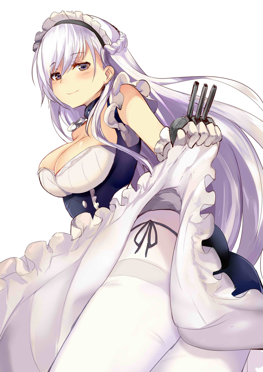 ass azur_lane belfast_(azur_lane) blush breasts cannon cleavage closed_mouth commentary dress dress_lift elbow_gloves frilled_dress frills gloves haik highres large_breasts lavender_hair lifted_by_self long_hair looking_at_viewer looking_to_the_side machinery maid maid_headdress pantyhose purple_eyes simple_background smile solo thighband_pantyhose white_background white_gloves white_legwear