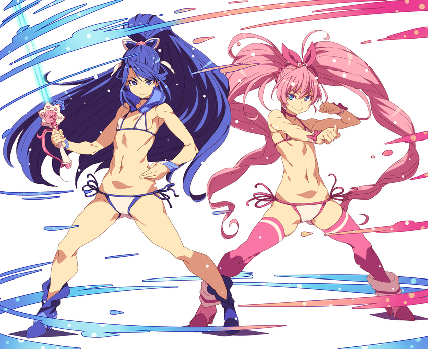 bangs bikini blue_eyes blue_hair boots breasts choker clenched_hands cuffs cure_aqua cure_fleuret cure_melody detached_collar energy_sword hair_ribbon handcuffs highres holding holding_sword holding_weapon houjou_hibiki long_hair looking_at_viewer minazuki_karen multiple_girls navel pink_hair ponytail precure ribbon side-tie_bikini small_breasts smile suite_precure swept_bangs swimsuit sword tasaka_shinnosuke thighhighs twintails weapon white_background yes!_precure_5 yes!_precure_5_gogo!