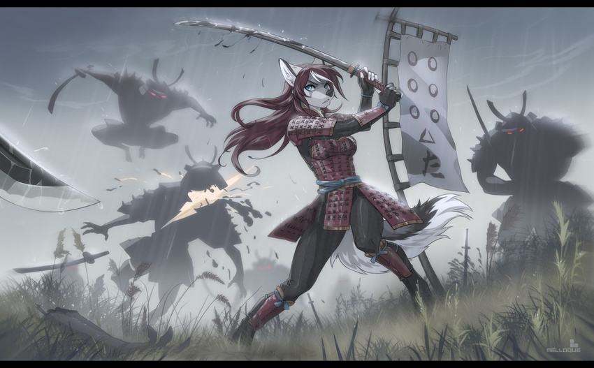 armor black_bars breasts canine clothed clothing day dog female grass group hair holding_object holding_weapon mammal melee_weapon melloque outside raining red_hair sword weapon