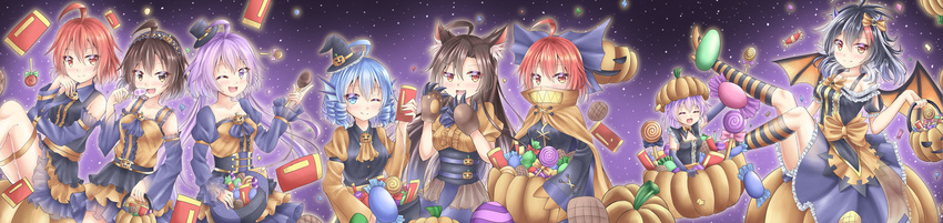 absurdres akiteru98 animal_ears belt blue_eyes blue_hair bow brown_eyes brown_hair buttons cape chocolate double_dealing_character food frilled_skirt frills hair_bow hair_ornament hairband halloween halloween_costume hat head_fins highres holding holding_food horikawa_raiko horns imaizumi_kagerou kijin_seija large_bow long_image long_sleeves looking_at_viewer mermaid monster_girl multiple_girls necktie puffy_sleeves pumpkin purple_eyes purple_hair red_eyes ribbon sekibanki short_hair simple_background skirt smile sukuna_shinmyoumaru sweets touhou tsukumo_benben tsukumo_yatsuhashi wakasagihime wide_image wings wolf_ears