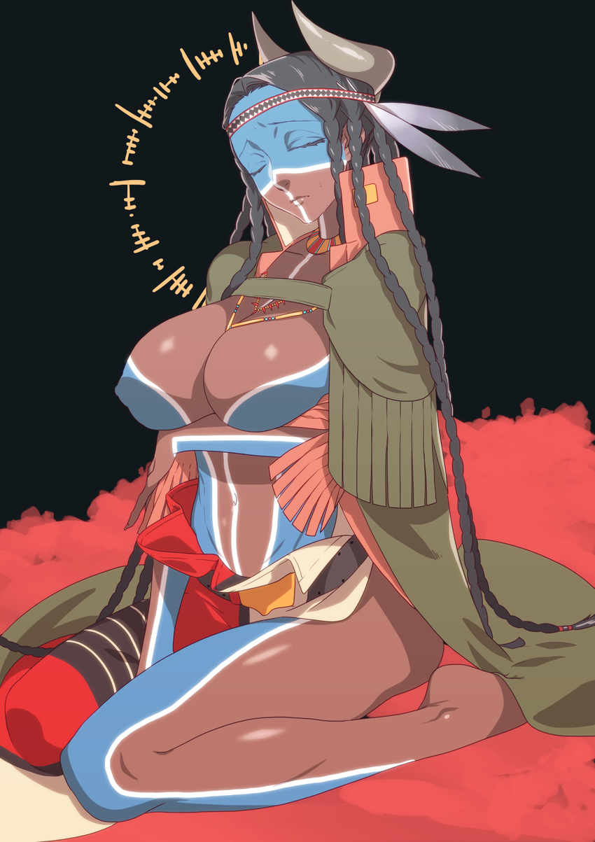 barefoot black_hair bodypaint braid breast_hold breasts cleavage cloak closed_eyes eyelashes facepaint fate/grand_order fate_(series) full_body genderswap genderswap_(mtf) geronimo_(fate/grand_order) headdress high_collar highres horns jewelry kbtmsboy large_breasts loincloth long_hair native_american native_american_headdress navel necklace side_braid sitting solo tribal wariza