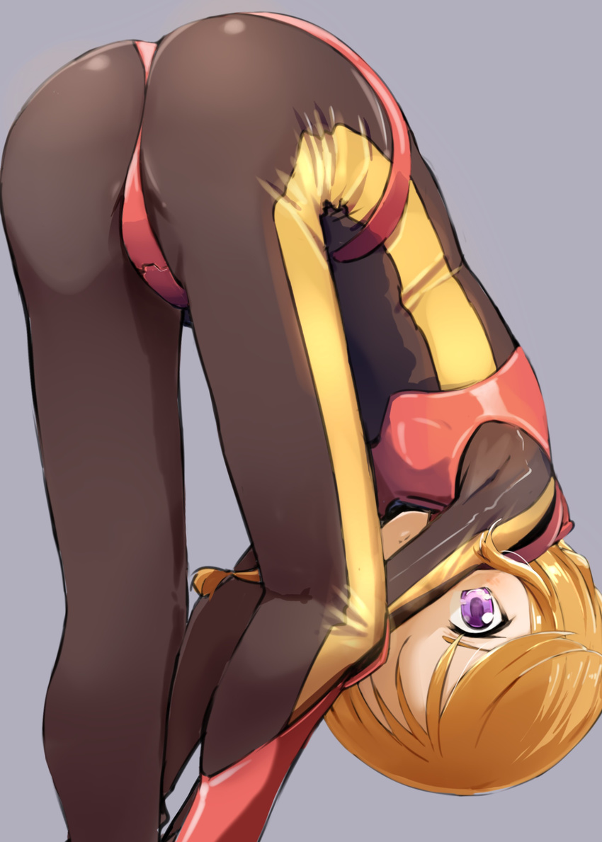 absurdres ass bent_over black_bodysuit blue_background blush bodysuit closed_mouth commentary_request flat_chest from_behind gloves gundam gundam_zz highres looking_at_viewer looking_back momo_(higanbana_and_girl) orange_hair pilot_suit purple_eyes puru_two shiny shiny_clothes shiny_hair short_hair simple_background skin_tight solo standing