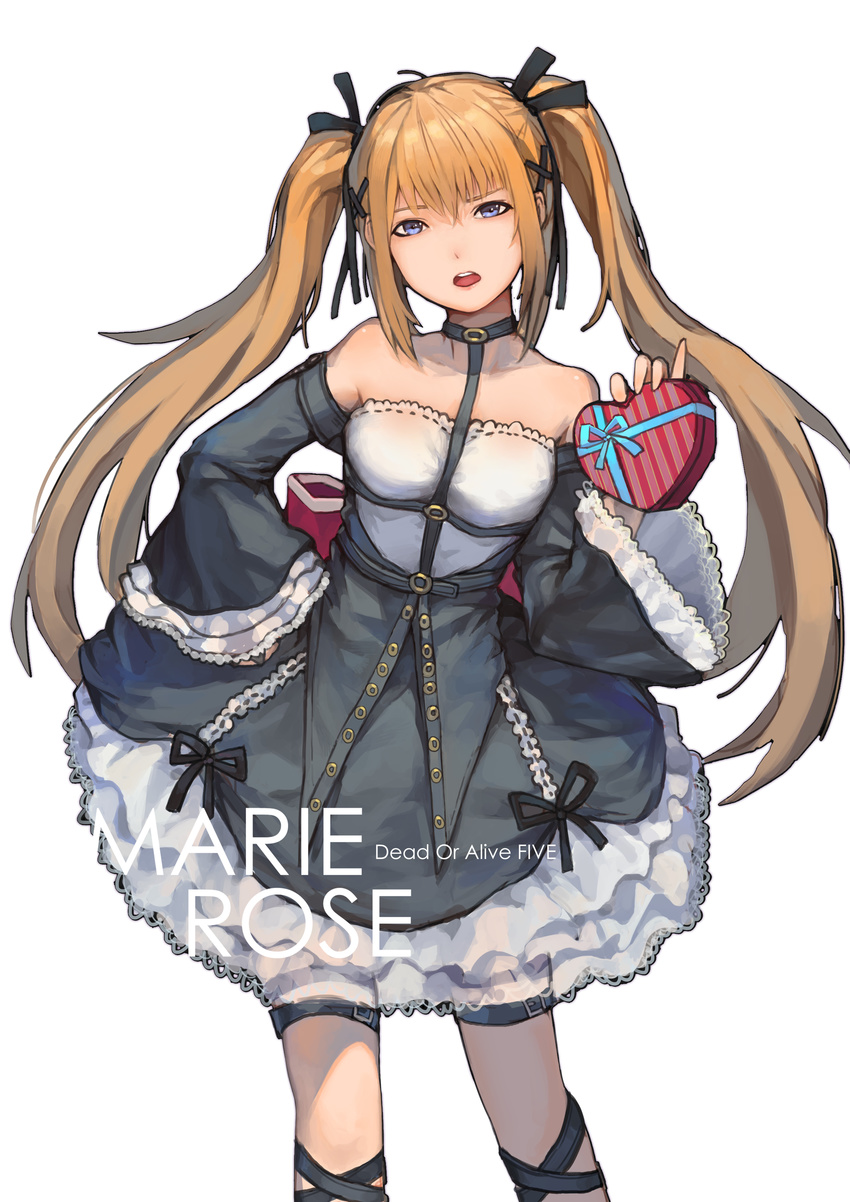 absurdres bare_shoulders blonde_hair blue_eyes dead_or_alive dead_or_alive_5 flat_chest frills gift gothic_lolita hair_ribbon highres holding holding_gift lolita_fashion long_hair marie_rose ribbon skaijang solo twintails