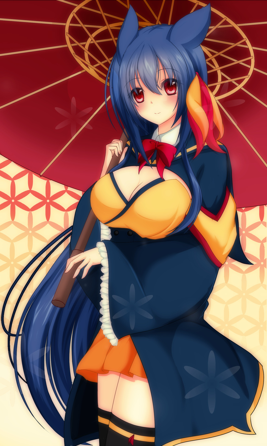 absurdres animal_ears black_legwear blue_hair breasts gen_2_pokemon hair_ornament highres large_breasts long_hair naiki_karin over_shoulder parasol personification pokemon red_eyes smile solo standing thighhighs typhlosion umbrella very_long_hair wide_sleeves