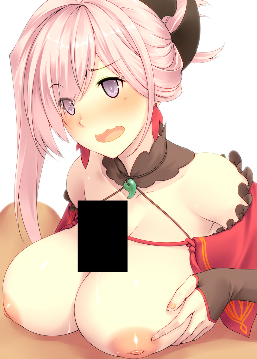 bangs bar_censor bare_shoulders blush breast_hold breast_squeeze breasts censored earrings eyes_visible_through_hair fate/grand_order fate_(series) fingerless_gloves folded_ponytail gloves highres japanese_clothes jewelry large_breasts magatama miyamoto_musashi_(fate/grand_order) nail_polish nipples open_mouth paizuri pink_hair purple_eyes solo_focus swept_bangs tro