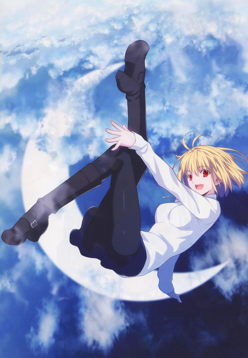 :d antenna_hair arcueid_brunestud ass black_legwear blonde_hair boots breasts cloud crescent_moon eyebrows_visible_through_hair full_body high_heel_boots high_heels highres long_sleeves looking_at_viewer medium_breasts miniskirt moon open_mouth pantyhose red_eyes short_hair skirt smile solo sweater takeuchi_takashi tsukihime tsukihime_(remake) turtleneck turtleneck_sweater type-moon white_sweater