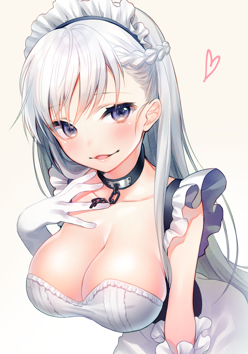 apron azur_lane bangs belfast_(azur_lane) blush breasts chain cleavage collar collarbone commentary_request eyebrows_visible_through_hair frilled_apron frills gloves grey_background hair_between_eyes half_updo heart highres large_breasts leaning_forward long_hair looking_at_viewer parted_lips purple_eyes shirako_sei silver_hair simple_background smile solo upper_body white_gloves