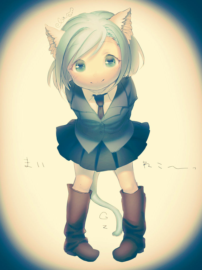 :3 animal_ears aqua_eyes aqua_hair arms_behind_back bangs bent_over black_neckwear black_skirt blazer blue_jacket blush bob_cut brown_footwear cat_ears cat_tail catsister_(elona) closed_mouth collared_shirt elona eyebrows eyebrows_visible_through_hair eyelashes flat_chest full_body fur highres jacket kneehighs leaning leaning_forward legs_apart long_sleeves looking_at_viewer miniskirt multicolored multicolored_background necktie pigeon-toed pleated_skirt raised_eyebrows ryuusei_asuka shirt short_hair skirt smile solo standing swept_bangs tail tareme white_shirt