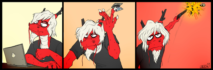 2017 absurd_res angry anthro clothing comic computer dragon eastern_dragon facial_hair gun hair hi_res male ranged_weapon reaction_image red_skin shooting simple_background styx_y._renegade supercrazyhyena weapon white_hair