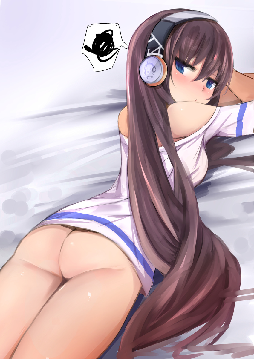 ass azur_lane bangs bed_sheet blue_eyes blush bottomless brown_hair closed_mouth commentary_request hair_between_eyes headphones highres jitome long_hair long_island_(azur_lane) looking_at_viewer looking_back lying muoto off-shoulder_shirt off_shoulder on_stomach shirt solo speech_bubble spoken_squiggle squiggle thighs very_long_hair white_shirt