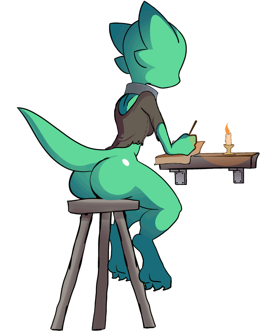 2017 alpha_channel animated anthro bottomless breasts butt candle claws clothed clothing collar desk digital_media_(artwork) featureless_face feet female green_scales half_naked kobold logo no_sound quitetricky raised_tail scales scalie shirt simple_background sitting solo stool toes transparent_background video_games writing_(disambiguation)