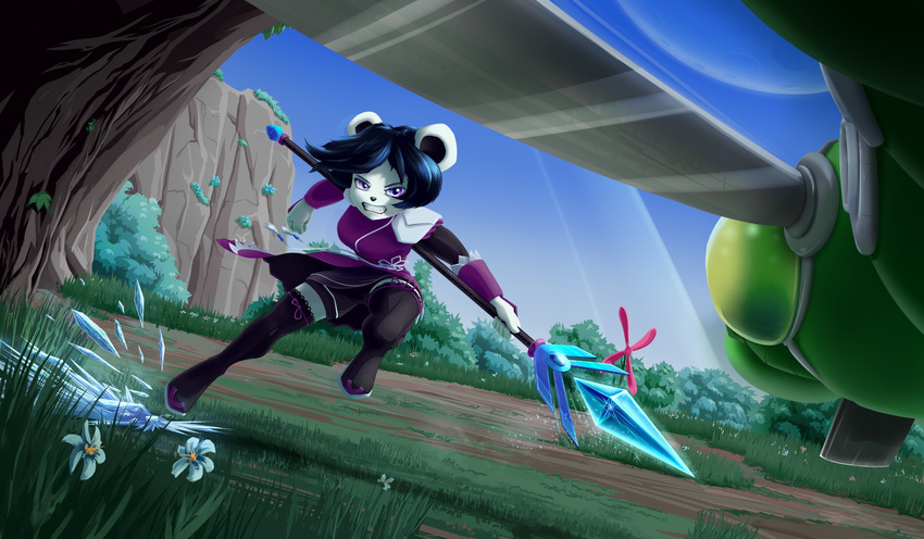 action_pose anthro bear black_hair black_nose blue_hair boots breasts clothed clothing detailed_background dress female flower footwear freedom_planet freedom_planet_2 fur green_body hair hi_res holding_object ice jt-metalli jumping machine mammal melee_weapon neera_li open_mouth panda plant purple_eyes robot shorts sky solo_focus teeth video_games weapon white_fur