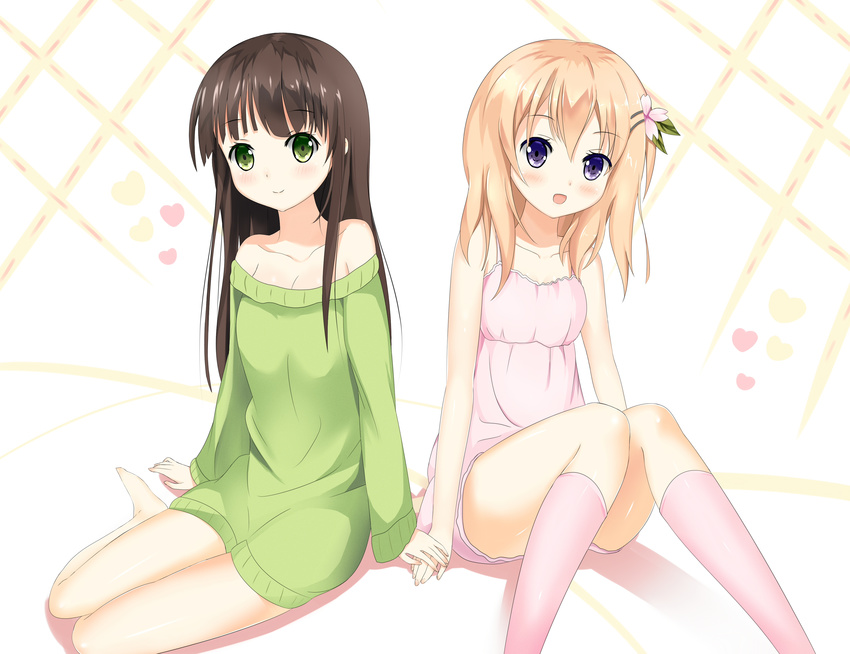 absurdres argyle argyle_background bangs bare_legs bare_shoulders barefoot blunt_bangs blush breasts brown_hair chair cleavage closed_mouth collarbone commentary dress eyebrows_visible_through_hair flower gochuumon_wa_usagi_desu_ka? green_eyes green_sweater hair_flower hair_ornament hairclip heart highres holding_hands hoto_cocoa kneehighs knees_together_feet_apart long_hair long_sleeves looking_at_viewer lounge_chair maki_ookami multiple_girls nightgown off_shoulder open_mouth orange_hair pink_dress pink_flower pink_legwear purple_eyes sitting sleeveless sleeveless_dress small_breasts smile sweater sweater_dress ujimatsu_chiya white_background