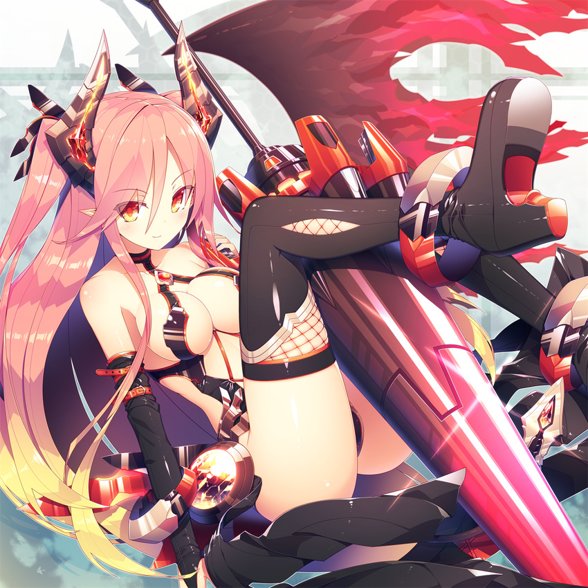 ass bare_shoulders bluesy_requiem breasts cleavage elbow_gloves gloves headgear highres horns ichiyan lance large_breasts long_hair looking_at_viewer phantasy_star phantasy_star_online_2 pink_hair pointy_ears polearm red_eyes revealing_clothes solo thighhighs weapon