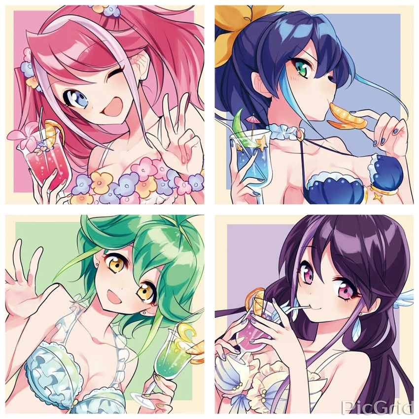 ;d bikini_top blue_bikini_top blue_eyes blue_hair bracelet_girls cup drinking_glass drinking_straw earrings flower frilled_bikini_top green_eyes green_hair hiiragi_yuzu holding holding_cup jewelry kurosaki_ruri long_hair looking_at_viewer miyukiyo multicolored_hair multiple_girls one_eye_closed open_mouth pink_eyes pink_hair ponytail purple_hair quadruplets rin_(yuu-gi-ou_arc-v) serena_(yuu-gi-ou_arc-v) short_hair siblings sisters smile streaked_hair tropical_drink upper_body yellow_eyes yuu-gi-ou yuu-gi-ou_arc-v